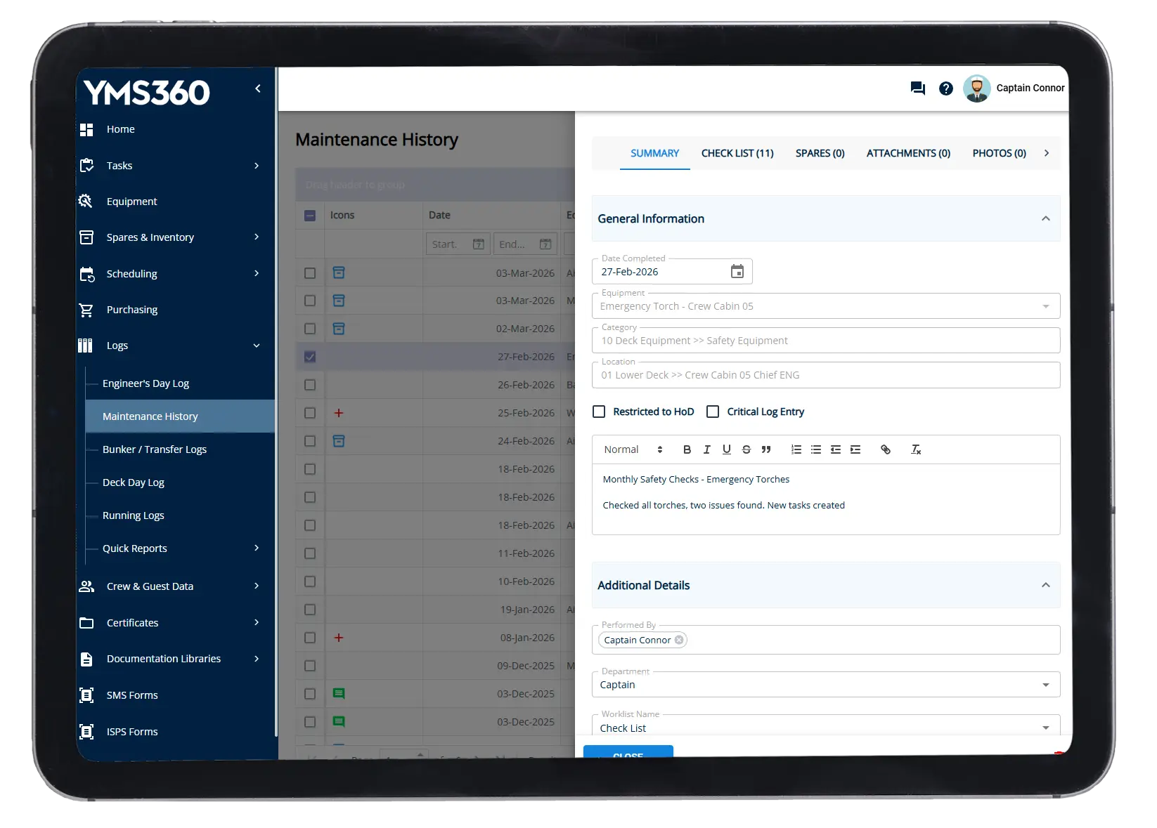 YMS360 Maintenance History